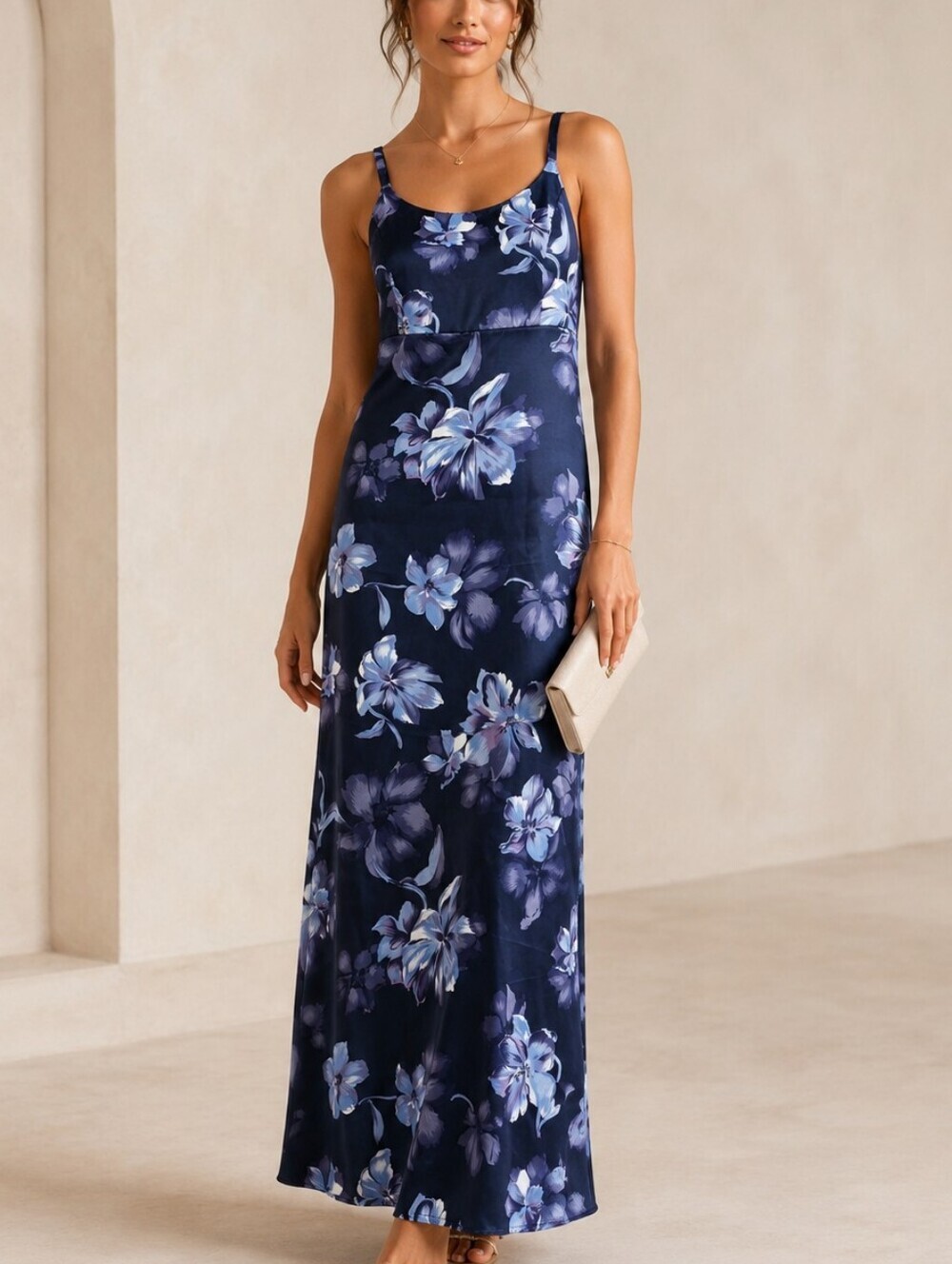 Miss Dorby Vintage Satin Navy Blue Floral Slip Maxi Dress, Wedding Guest